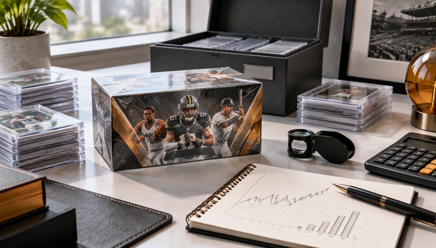 Sealed hobby box beside card storage, a loupe, calculator, and market research notes
