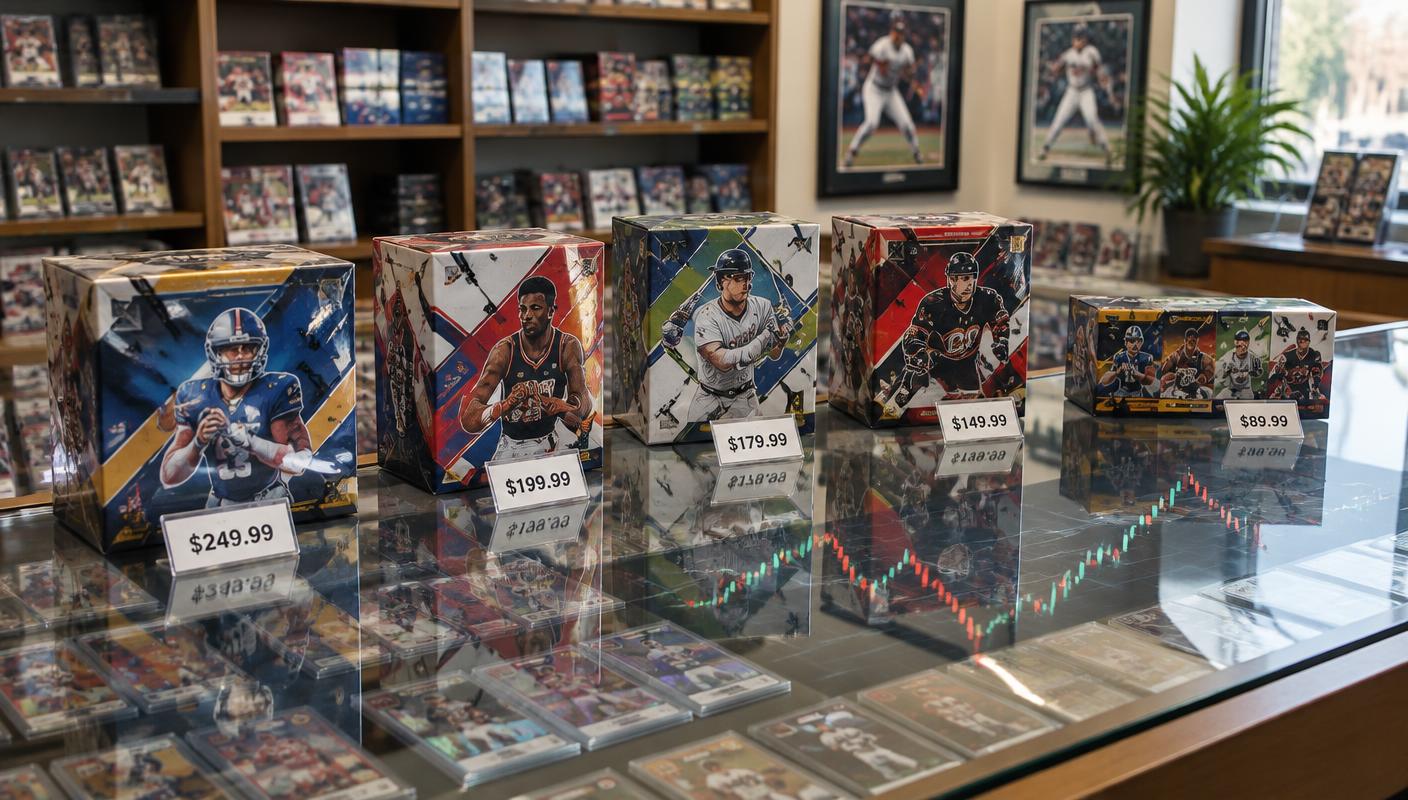 Sealed sports card boxes arranged for hobby market analysis