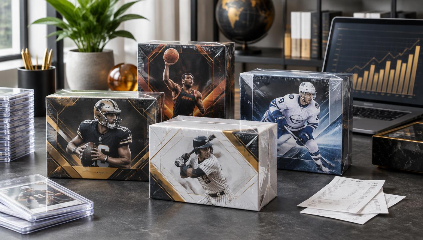 Modern football, basketball, baseball, and hockey hobby boxes arranged for market comparison